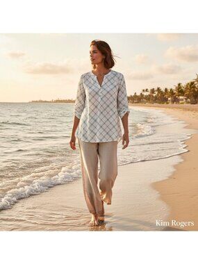 Windowpane Tunic Style Blouse, Coastal Grandma, Cottage Core, Preppy Polished